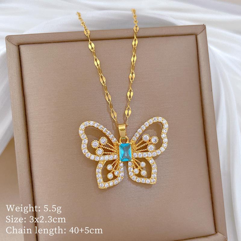 

Sky Butterfly Heavy Industry Light Luxury Temperament Gorgeous Full Diamond Necklace Female Versatile Collarbone Chain Titanium Steel Chain