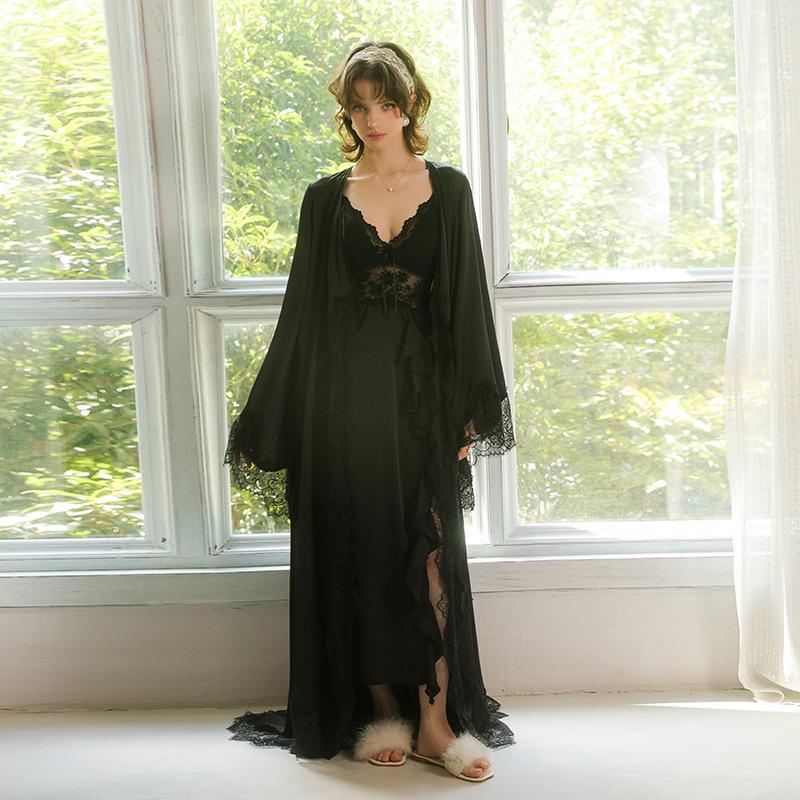 Black & White Satin Lace Patchwork Robe with V-Neck Bell Sleeves In French Court Style