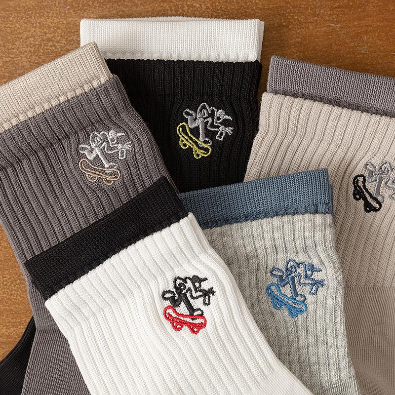 Men's Spring and Autumn New Cartoon Embroidery Match Color Double Mouth Boneless Sport Tube Socks