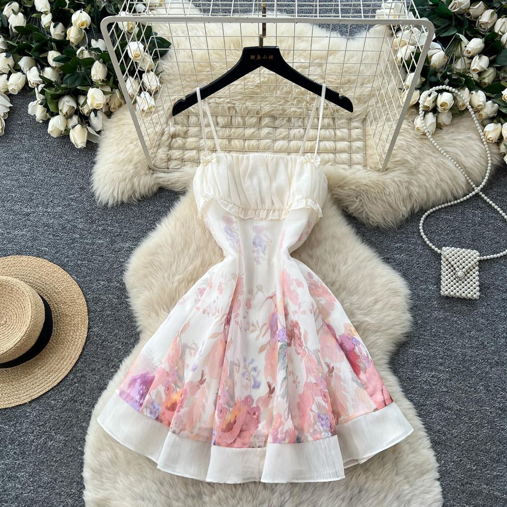 French Holiday Style Sleeveless Suspender Floral Dress Women's Summer High Waist Thin Gentle Sweet Temperament Short Skirt