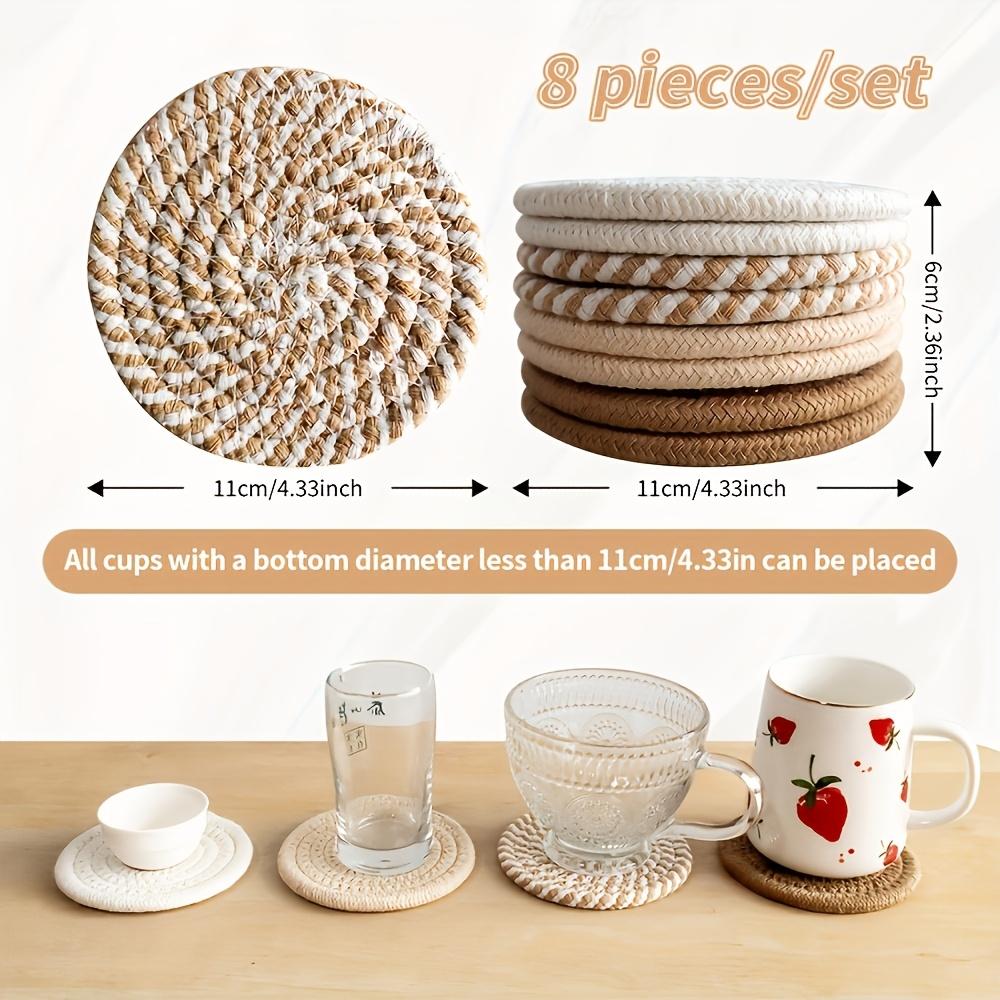 8pcs Flaxen Rope Coasters, Heat-Resistant and Non-Slip Absorbent Round Coasters In Rustic Style with Storage Rack for Home Dining Table or Coffee Cups