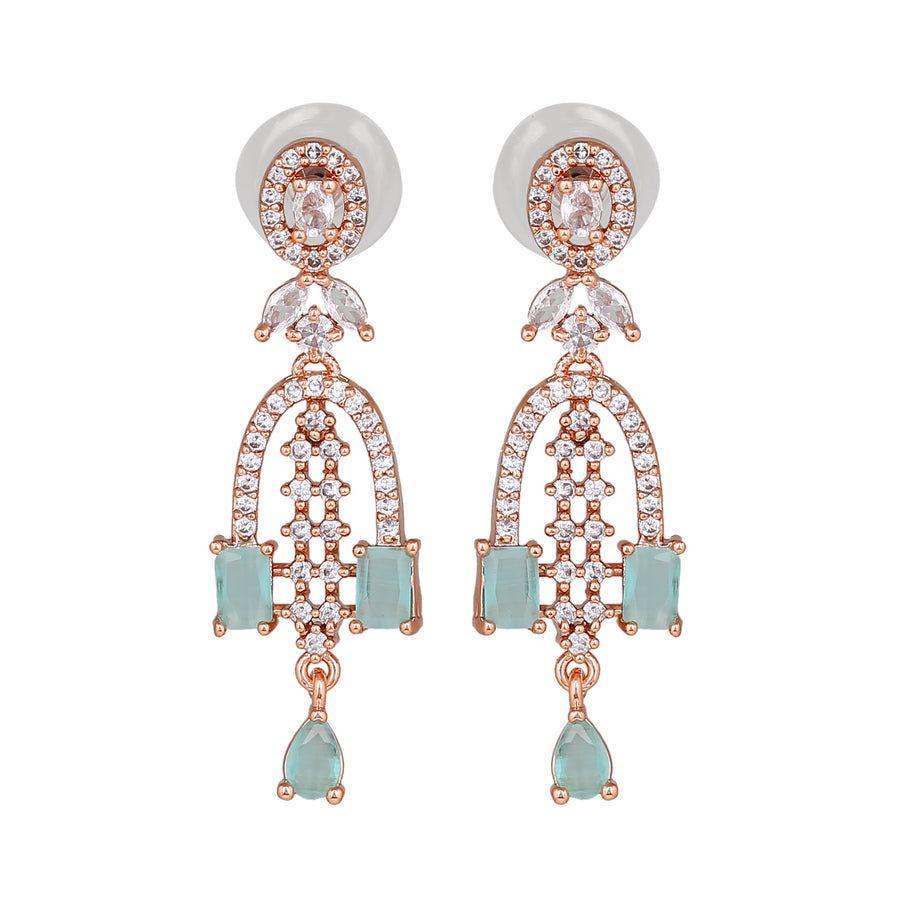 Estele Designer Rose Gold CZ Shooting Star Mint Green Stone Earrings for Women
