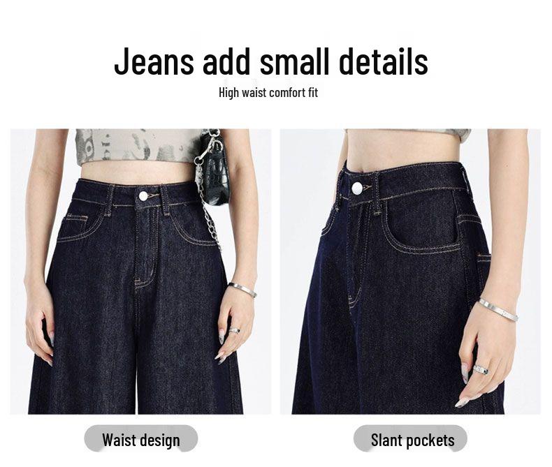 Women's Dark Blue Loose Wide-Leg Jeans - Spring/Autumn 2025 Floor-Length Straight Pants