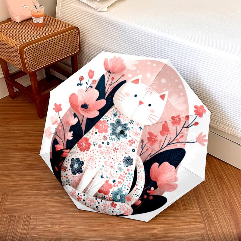 1 PC Automatic Folding Umbrella - White Cat Pattern, Portable & Foldable Design with 8 Ribs, Christmas Birthday Gifts