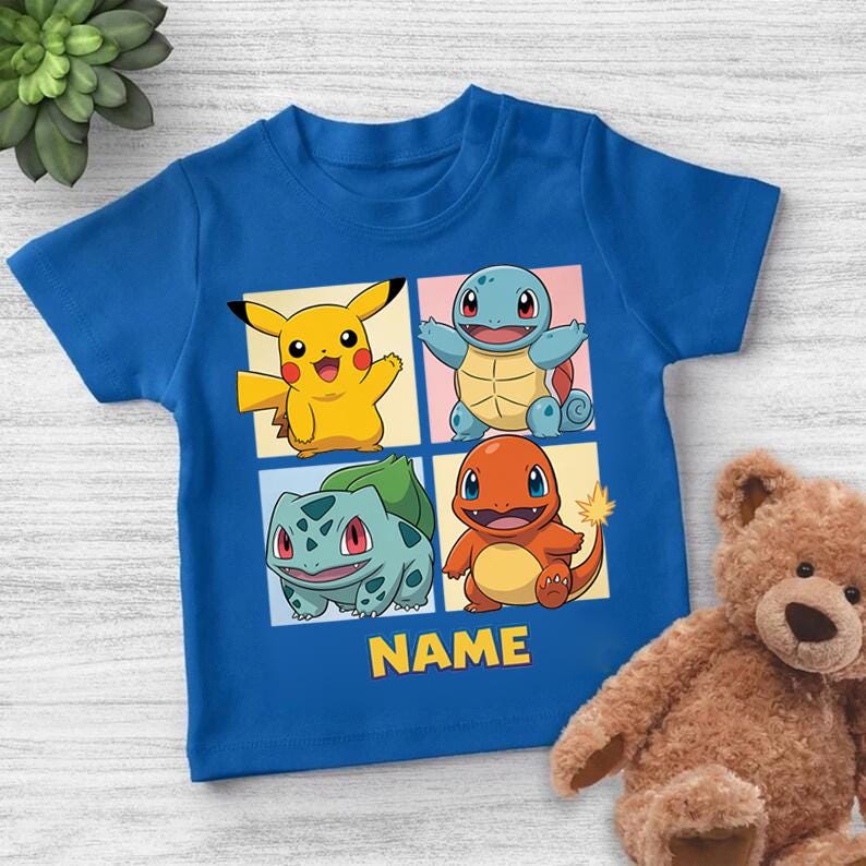 Pokémon Grid Personalized Shirt, Custom Name Pikachu Squirtle Bulbasaur Charmander Tee, Kids Pokémon Party Outfit, Gamer Boy Birthday Gift 140
