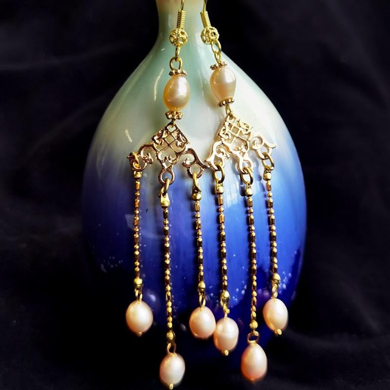 Retro Long Antique Fringed Cheongsam Earrings Temperament Pearl Flower Earrings Hanfu Accessories Earrings National Style Earclips