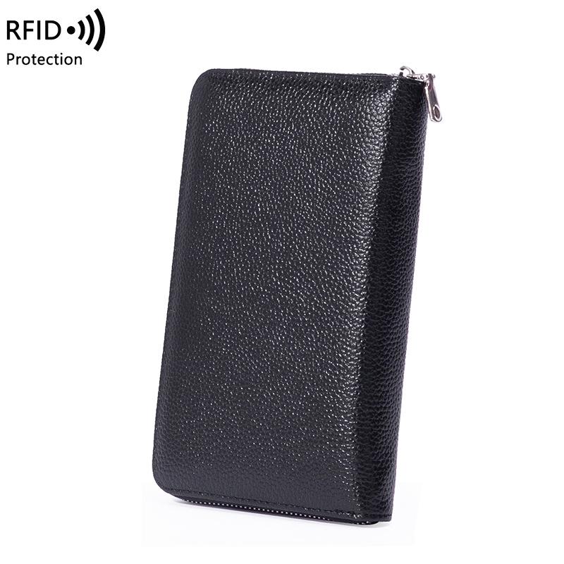RFID Long Wallet: Top Grain Cowhide Passport & Document Holder with Zipper Phone Pouch for Men & Women