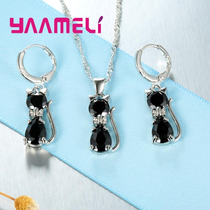Real Zinc Alloy Sterling Zinc Alloy Color Zircon Sets for Woman Girls Shining Austrian Crystal Cute Cat Pendant Necklace Huggie Earring