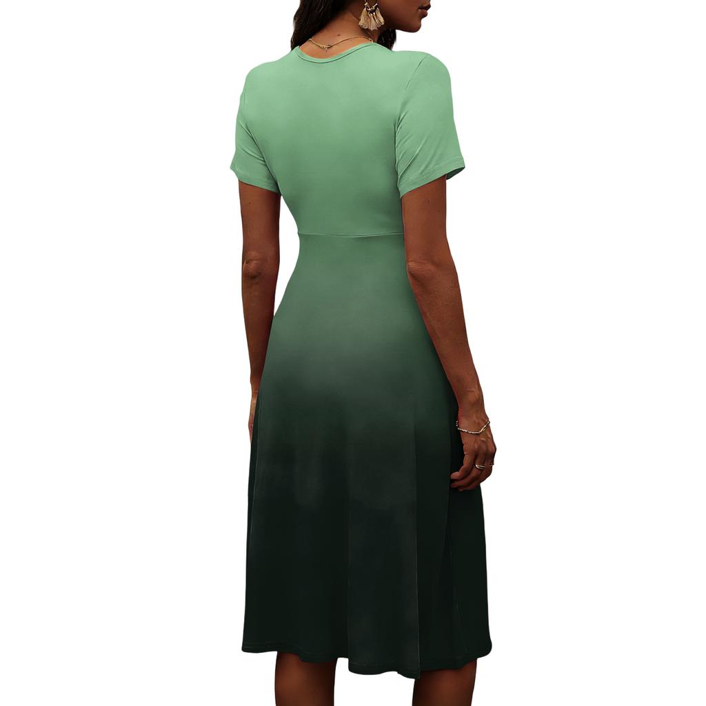 Damen-Farbverlauf Lässiges Mode-Kurzarm-V-Ausschnitt-Kleid