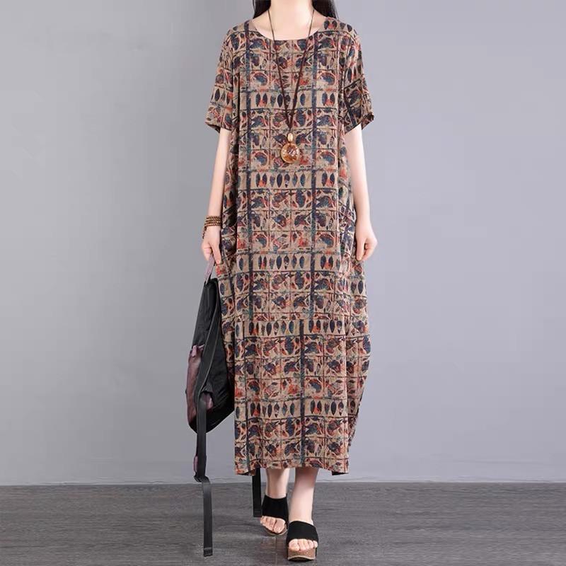 Real Shot Retro Color Dress Women's Loose Long Short-sleeved Summer Dress New Middle-aged Mother Printed Long Dress Round Neck