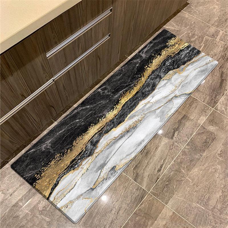 Black Gold Marble Kitchen Mat, Non-Slip Absorbent Runner Rug, Modern Luxury Floor Carpet for Bathroom Living Room Decor, 1PC