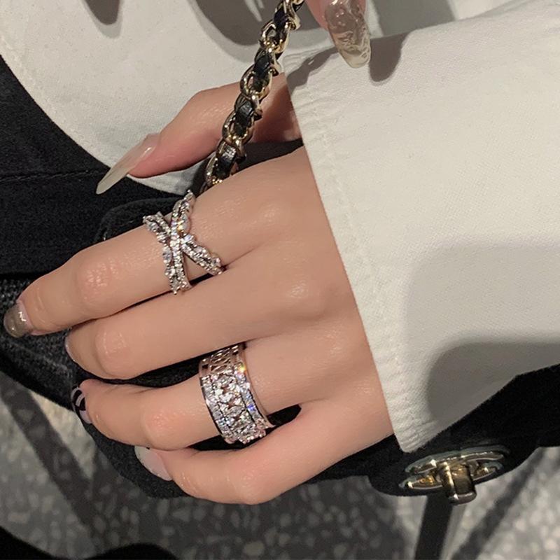 Full Diamond Niche Design High Sense Cross Opening Ring Wide Version Zircon Flash Diamond Light Luxury Personality Index Finger Women'S Fashion