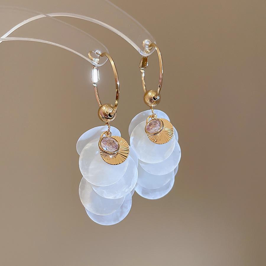 Silver Geometric Seashell Tassel Stud Earrings – Beach Vacation Style for Women