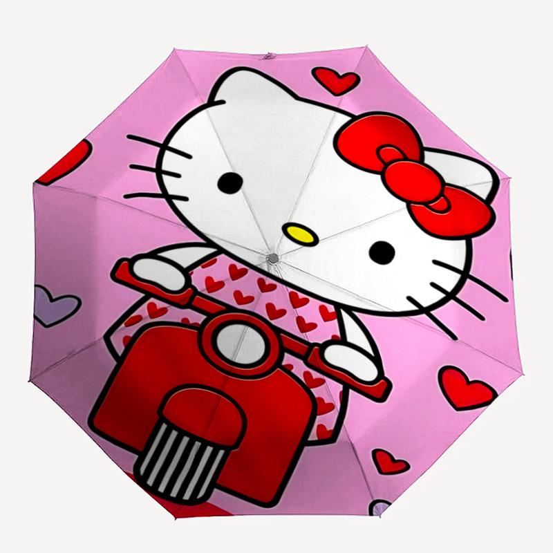 1pc Hello Kitty Heart Print Umbrella - Automatic Open/Closed, Portable Folding Design, 8-Rib Iron Frame, Outdoor, Ideal Gift for Fans, Travelers, Dail