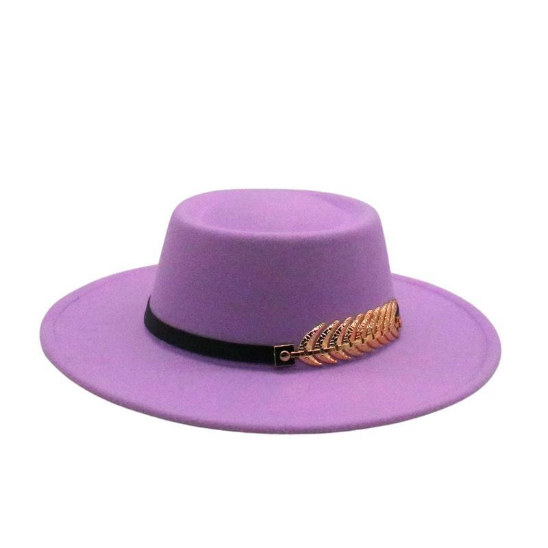 Female Autumn And Winter British Retro Top Hat Jazz Hat French Socialite Hepburn Style Belt Buckle Tweed Wide Brim Flat Top Hat