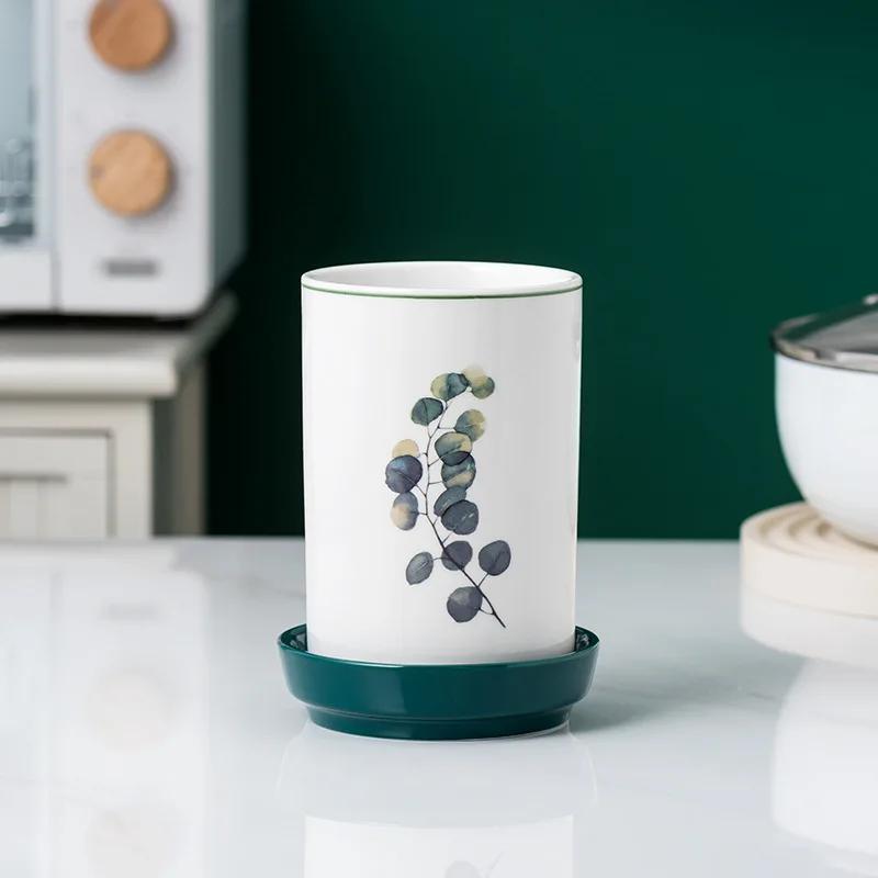 Ceramic Cutlery Holder with Drainer Bottom Cooking Tools Storage Box Gadgets Organizer Accessories Kitchen Uensils