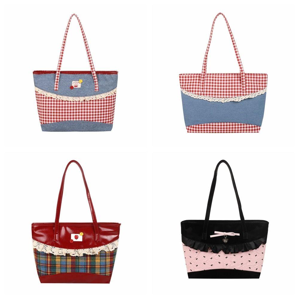Lattice Lace Bow Shoulder Bag Rural Style Commuting Tote Bag Retro Denim Plaid Handbag Students