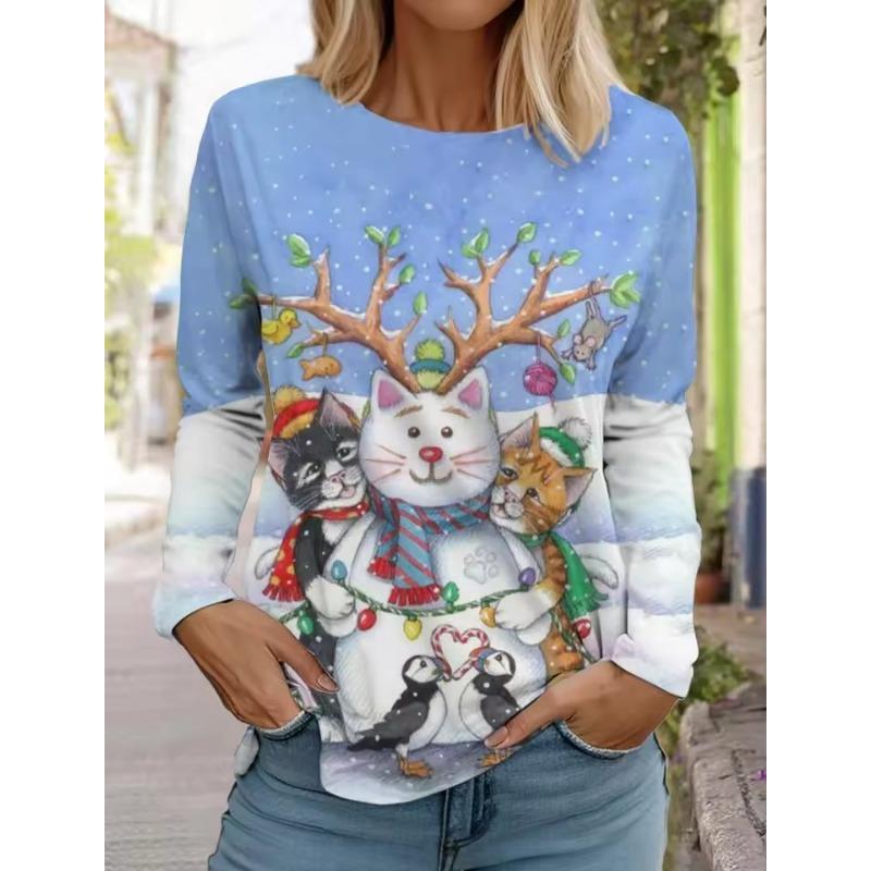 Christmas Women's Long Sleeved T-shirt Casual Holiday Fashion Christmas Cute Cat Holiday Gifts Tops Harajuku Women's Clothing