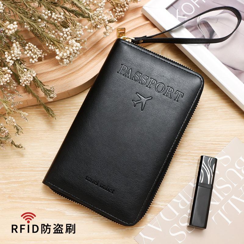 Men Women RFID Blocking Leather Passport Holder Travel Wallet Zip Around Passport Cover Document Organizer with Card Slots Wrist Strap