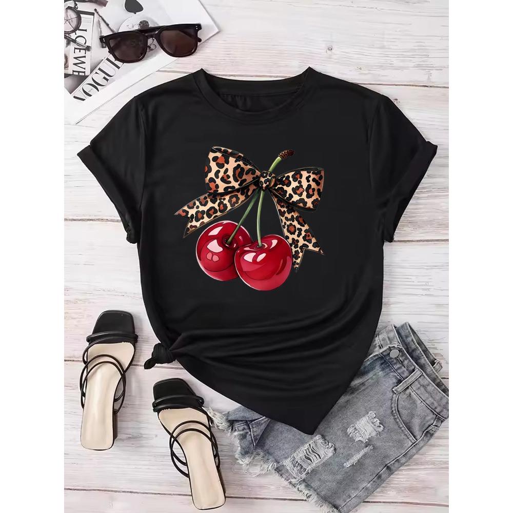 Mode Kirschdruck Damen T-Shirt Kurzarm Rundhals Lässige Oberteile für Sommer Frühling Damenbekleidung Oberteile T-Shirts