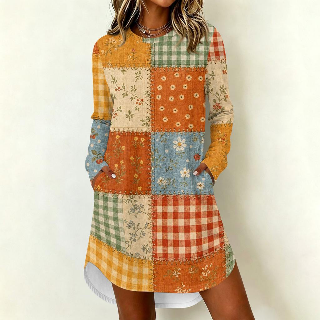 Women's Casual Floral Print Long Sleeve Round Neck Dress