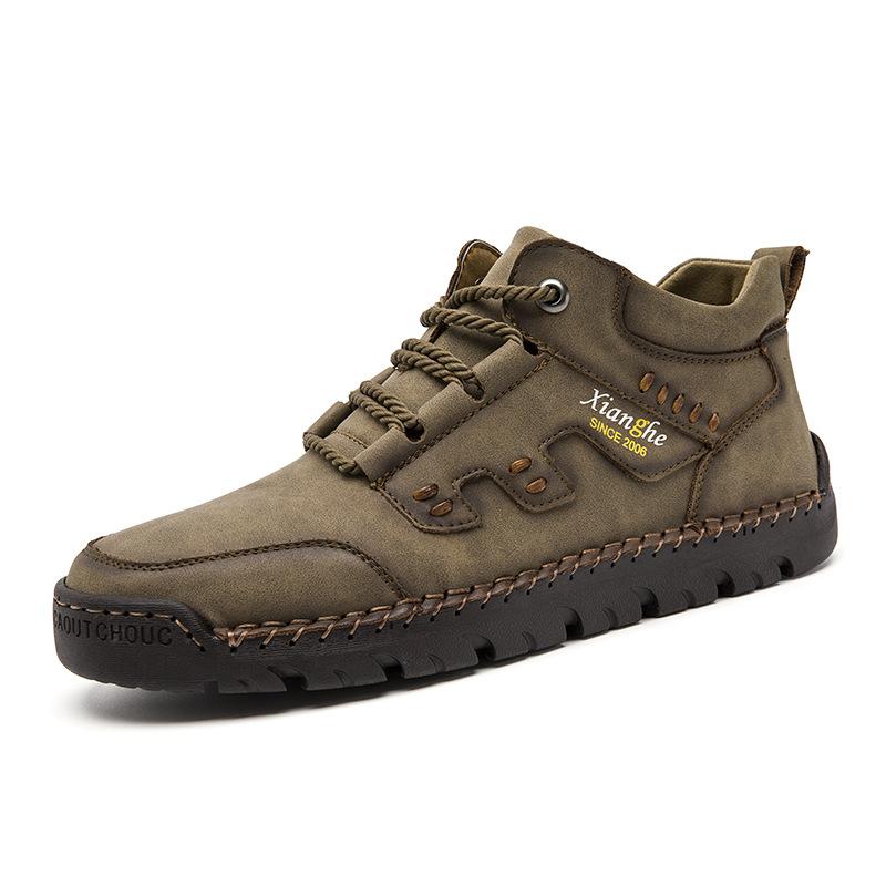 

Large size European and American fashion classic hand-sewn casual leather shoes men s outdoor versatile trend tooling shoes men s 48 хаки