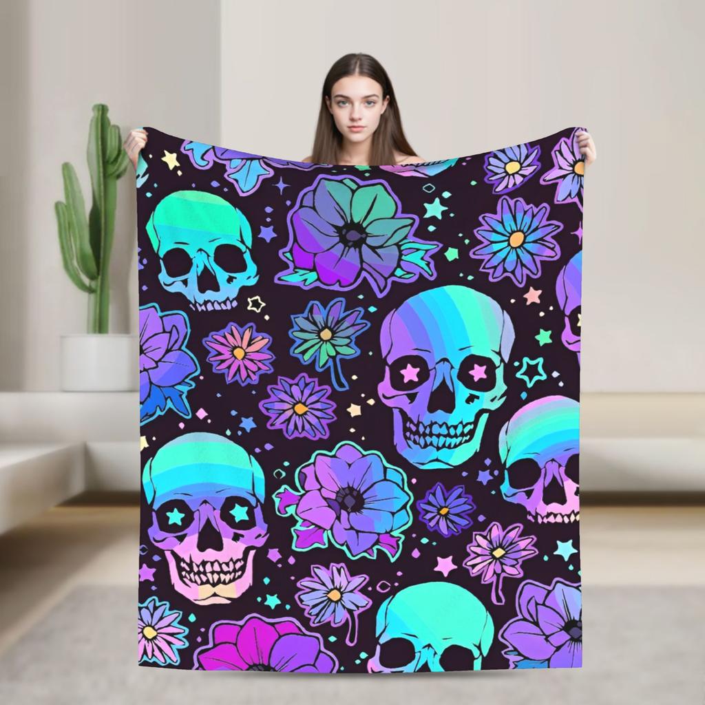 Sugar Skull Rose Halloween Knitted Blanket Flannel Gothic Day of the Dead Warm Throw Blankets for Bed Bedspread