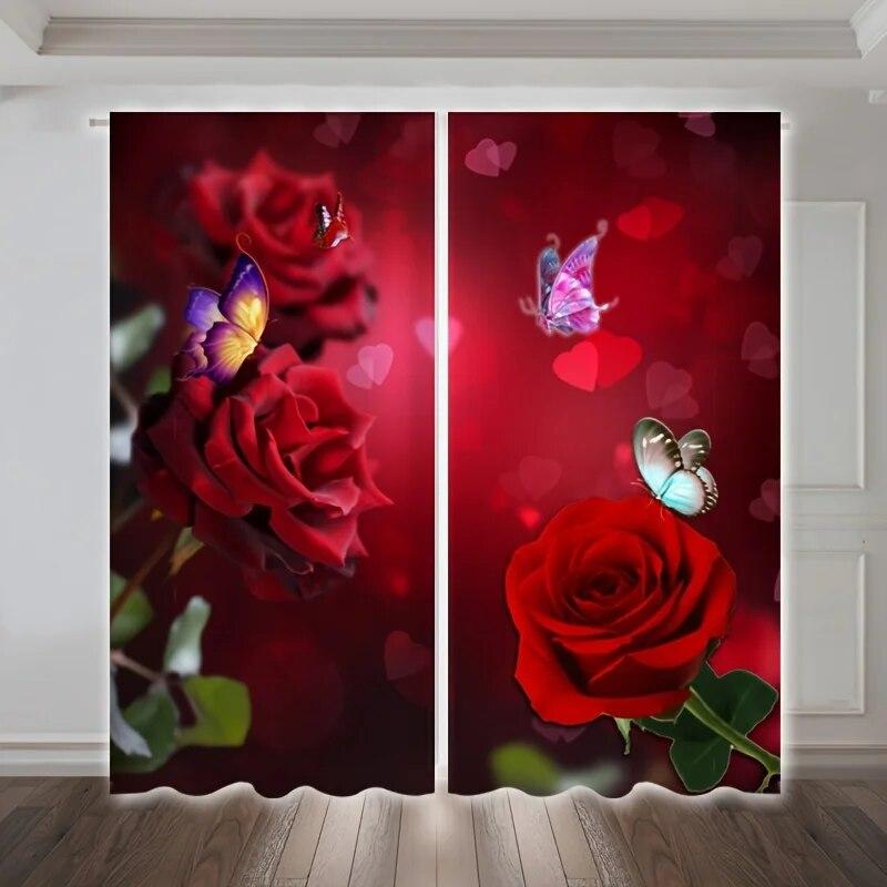 2stk Red Rose Abstrakt Marmormønster Gardiner Stanglomme Valentinsdagsdekorasjon Trykt Lysfiltrerende Kjøkkengardin