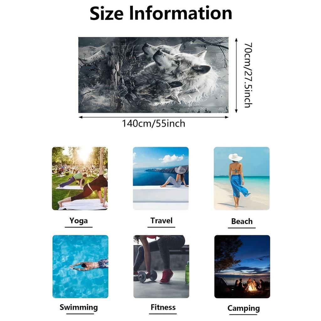 Cute Wolf Print Beach Towel, Adorable Animal Art Quick-Dry Sand-Free Microfiber Bath Towel for Yoga, Swim Pool and Summer Travel