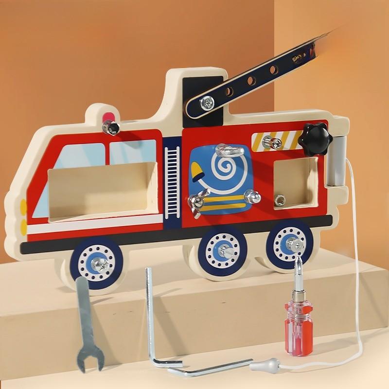 Fire Wooden Truck Nut Disassembly Combination Toy With Kids Skills Coordination
