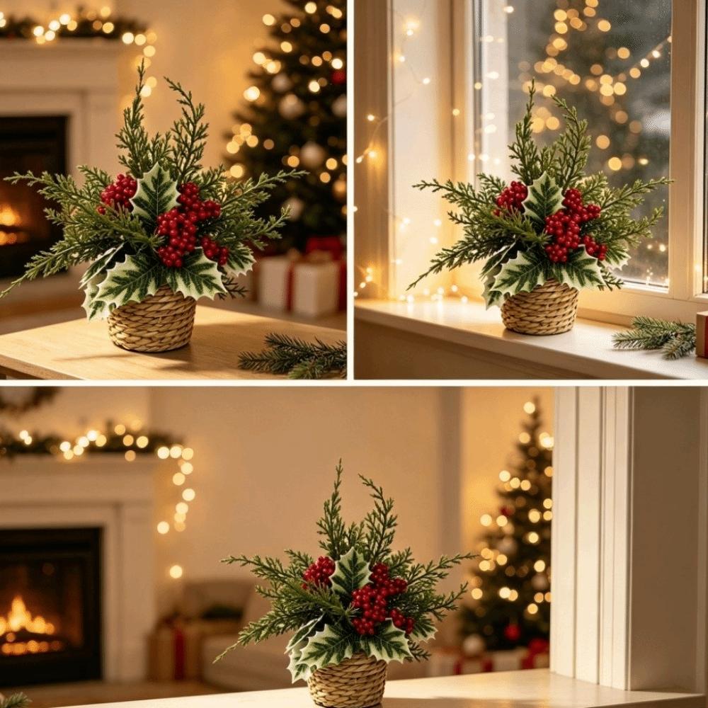 Red Berry Faux Holly Pine Cone Ornament Woven Basket Christmas Mini Potted Plant Home Decor