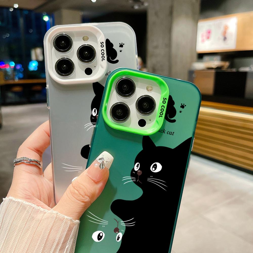 Cute Cartoon Black Cat Electroplate Lanyard Strap Phone Case For iPhone 15 14 13 12 11 16 Pro Max X XS 7 8 Plus Hand Strap Cover
