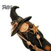 Vintage Style Witch Statue for Shelf Wooden Ornament, Retro Halloween Figurine with Broom/Pumpkin/Black Spooky Party Table Centerpieces Cat, Creative