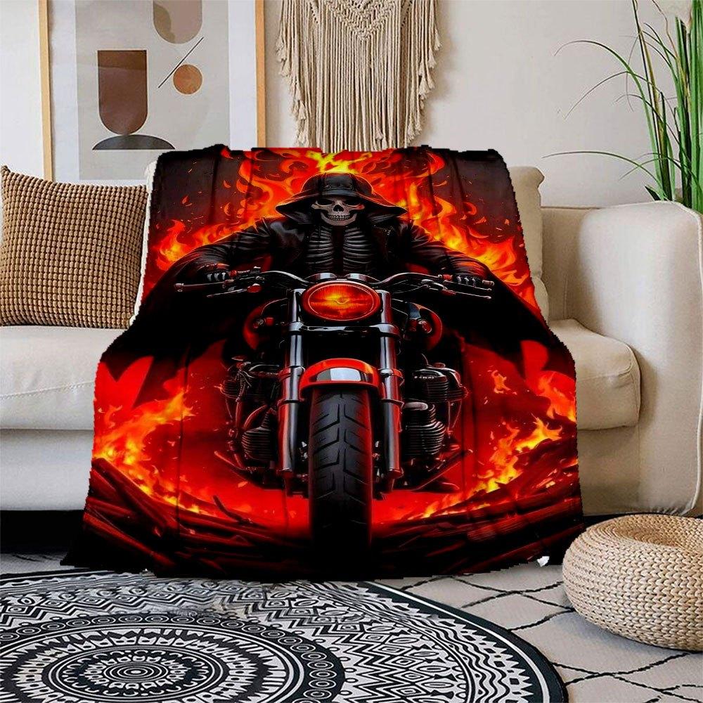 "Skull Biker with Fiery Background Wall Art Print"Blanket Flannel Throw Blanket for Sofa, Bed, Travel, Camping, Office, Couch, Chair, And Be