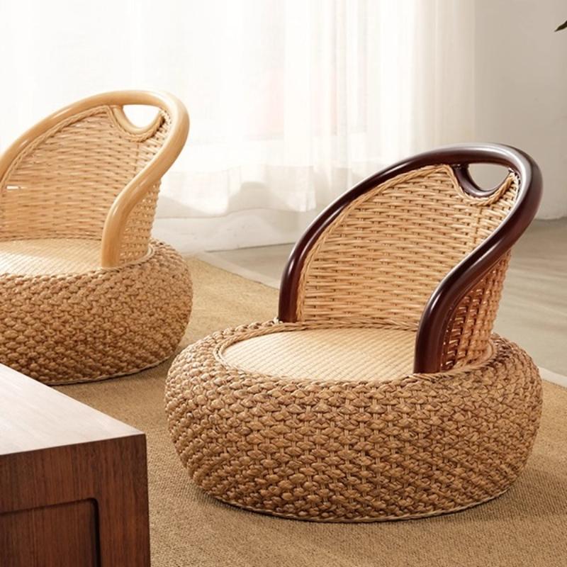Rattan Weave round Accent Chair Comfort Floor Seat with Backrest Cozy Pouf Ottoman for Balcony Living Room