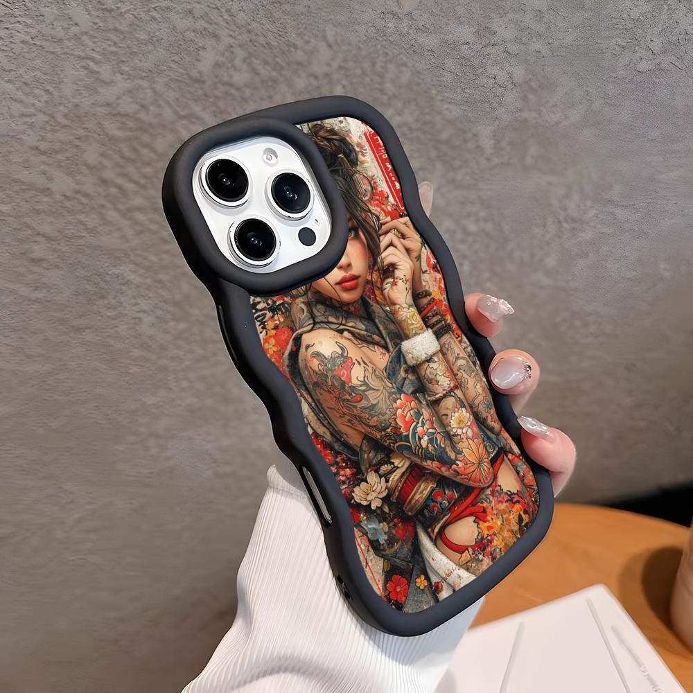 Retro Tattoo Girl Mobile Phone Case for iPhone 17 16 15 14 13 12 11 Air Pro Max Plus Wavy Edge TPU Colorful Cover Pretty Luxury
