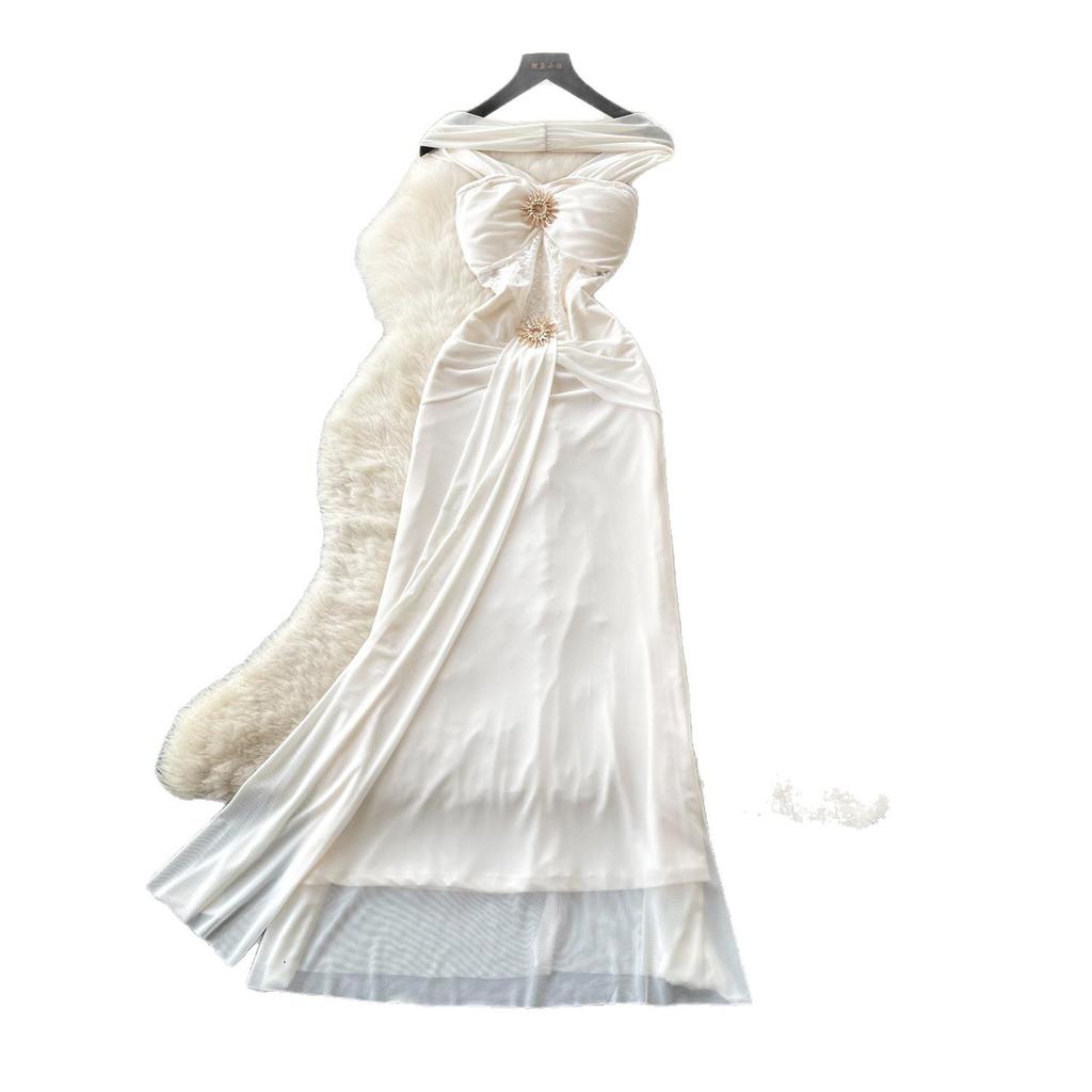 French Neck Lace White Dress Women's Summer Sleeveless Waist Thin A-shaped Long Dress Light Luxury Elegant Style