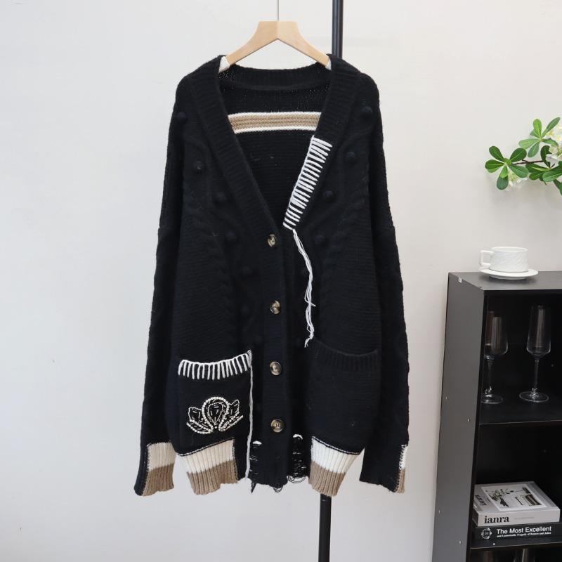 

Вязаный кардиган средней длины с рваным дизайном, новинка осени и зимы, свободный ленивый свитер-жакет для женщин one size fits all чёрный