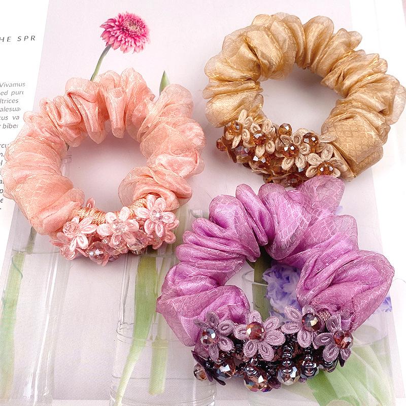 Korean Version of The Organza Hair Band Temperament Headband Female Rubber Band Ponytail Female Hair Accessories Crystal Floral Hair Band