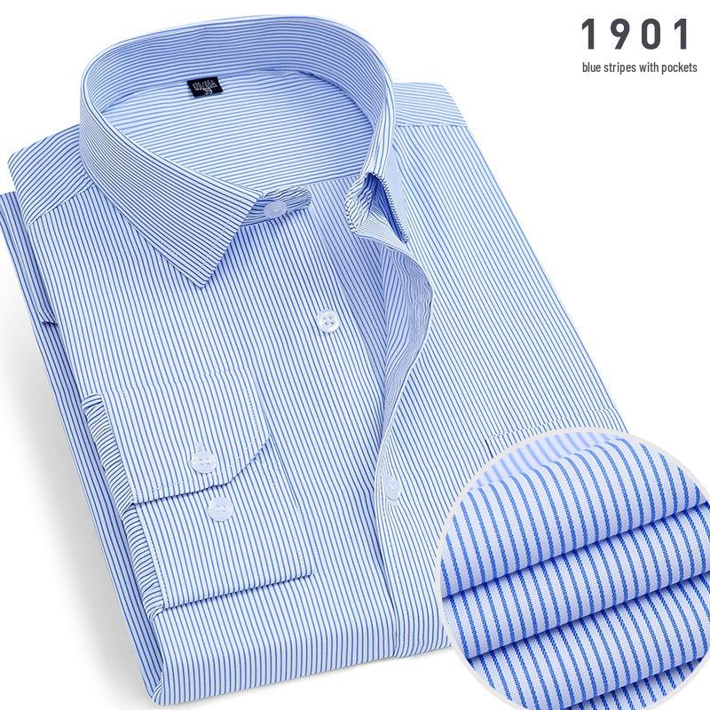 2025 Men's Non-Iron Long Sleeve Blue Striped Shirt: Spring & Autumn Business Wear