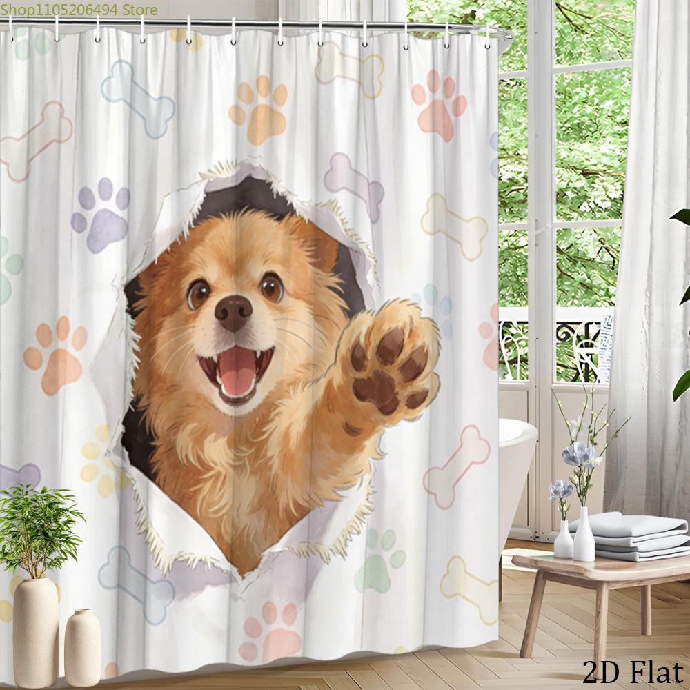 1pc Funny Dog Paw Print Shower Curtain Bathroom Decor Bathtub Partition Hanging Curtain with 12 Hooks 70.8x70.8 Inch Cute Pet