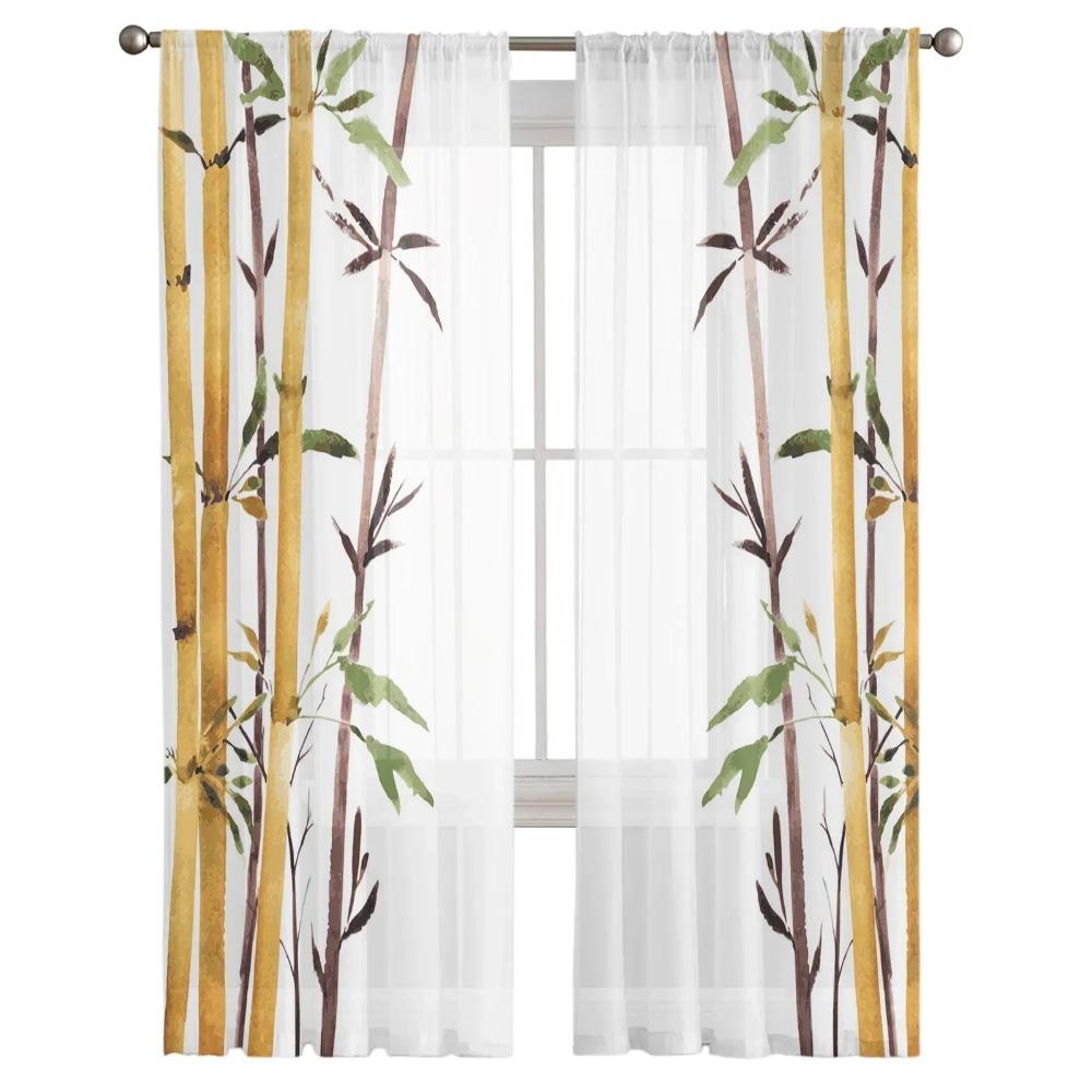 Bamboo Watercolor Painting Plant Art White Tulle Sheer Curtains for Living Room Bedroom Window Curtain Voile Organza Drapes