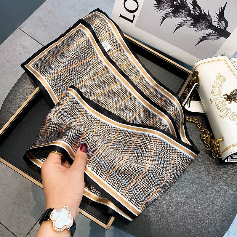[Wholesale] Retro checkerboard silk silk scarf, small long mulberry silk scarf, women's versatile spring, autumn and winter thin scarf