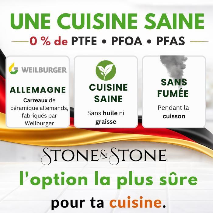 Stone&amp;stone poêle grille rectangulaire 47 cm, revêtement type pierre, gril à induction professionnel avec fond en acier antiadhési