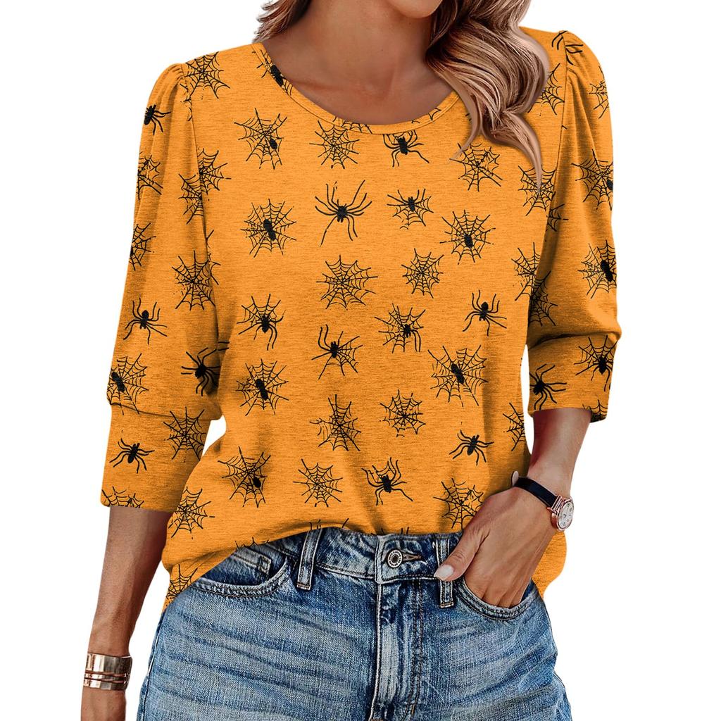 Damen Modisches Lässiges Rundhals Siebenviertelärmel Halloween Bedrucktes Puffärmel Oberteil