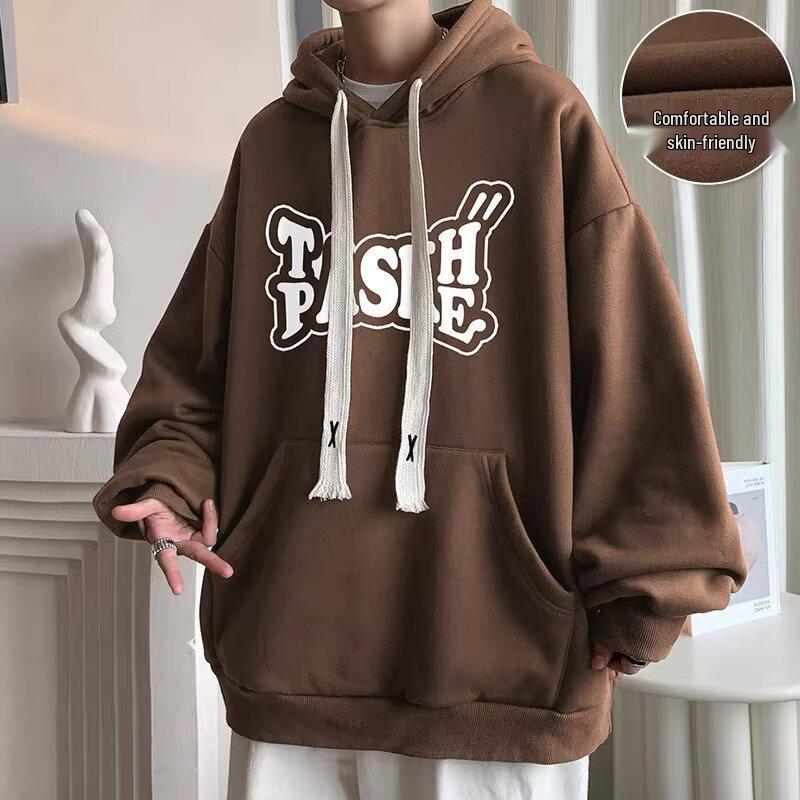 Men s Fleece-Lined Cotton Hoodie, Autumn/Winter Trendy Printed American Style 5XL кофейный