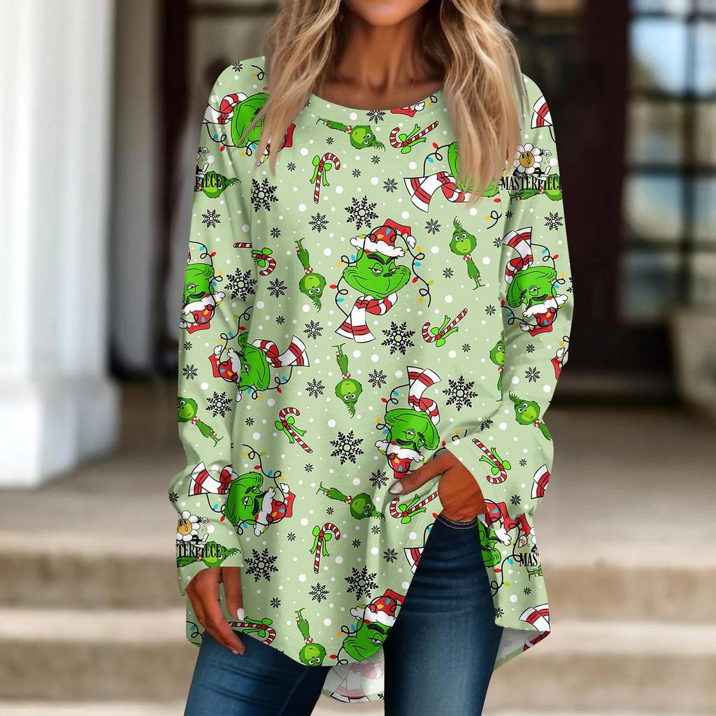 Damen Weihnachtsdruck Langarmshirt Rundhals Pullover T-Shirt Top Pullover