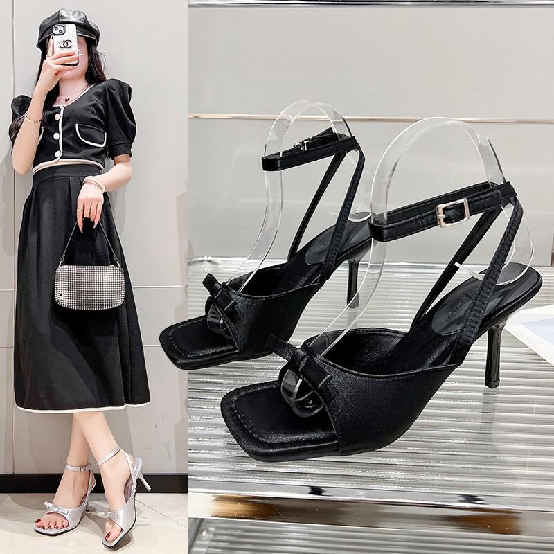 

High-heeled Silk Satin, Open-toe Bow, One-strap Fashion Sandals, Women s Summer Thin Heels with Skirts, Roman Shoes 40