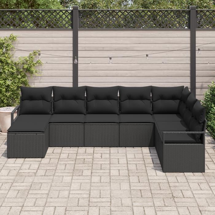 Ensemble de Canapé de Jardin 8 Pièces avec Coussins Noir Rotin Poly, Canapé de Jardin 2 places avec Coussins Noir Rotin Poly 3346503