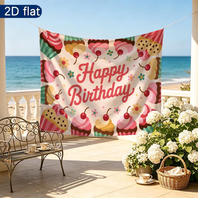 Birthday Party Cupcake Gifts Banner, Multicolor Polyester Backdrop for Wall Hanging Decor
